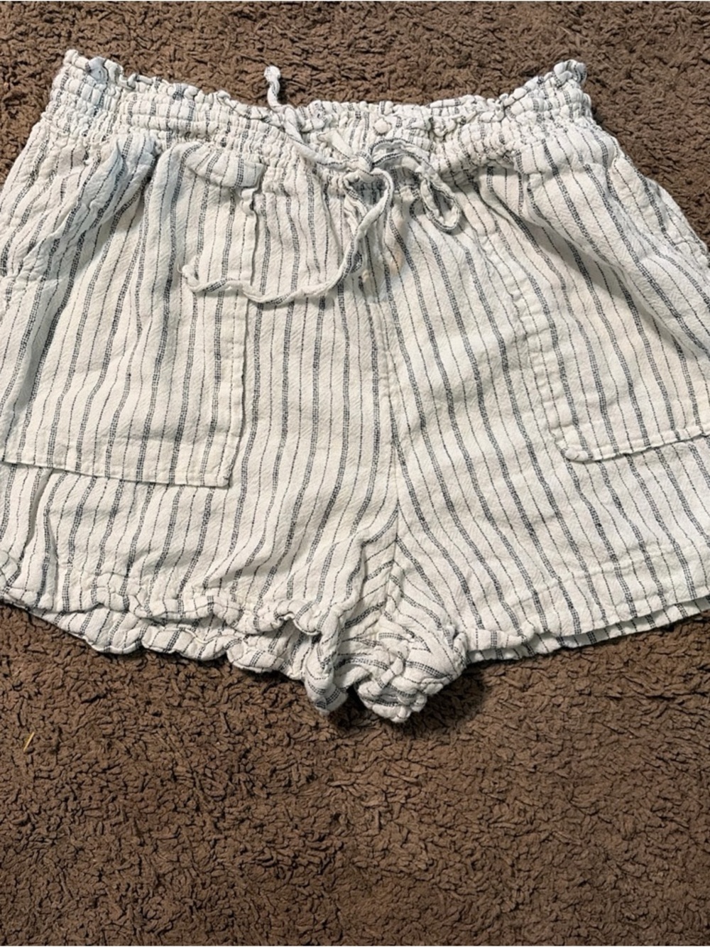 Time and Tru White and Light Blue Striped High Waist Drawstring Shorts